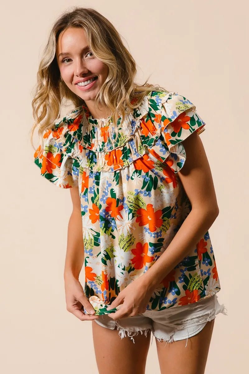 BiBi Multi Color Floral Print Woven Top for Women - Love Salve